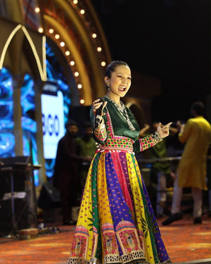 Multicolour muslin cotton Navratri chaniya choli with green embroidered blouse