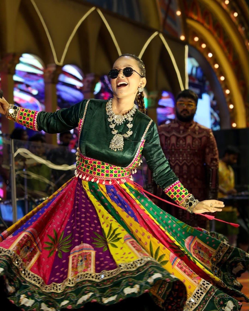 Navratri lehenga multicolour digital print with elephant motif border and kodi tassel blouse
