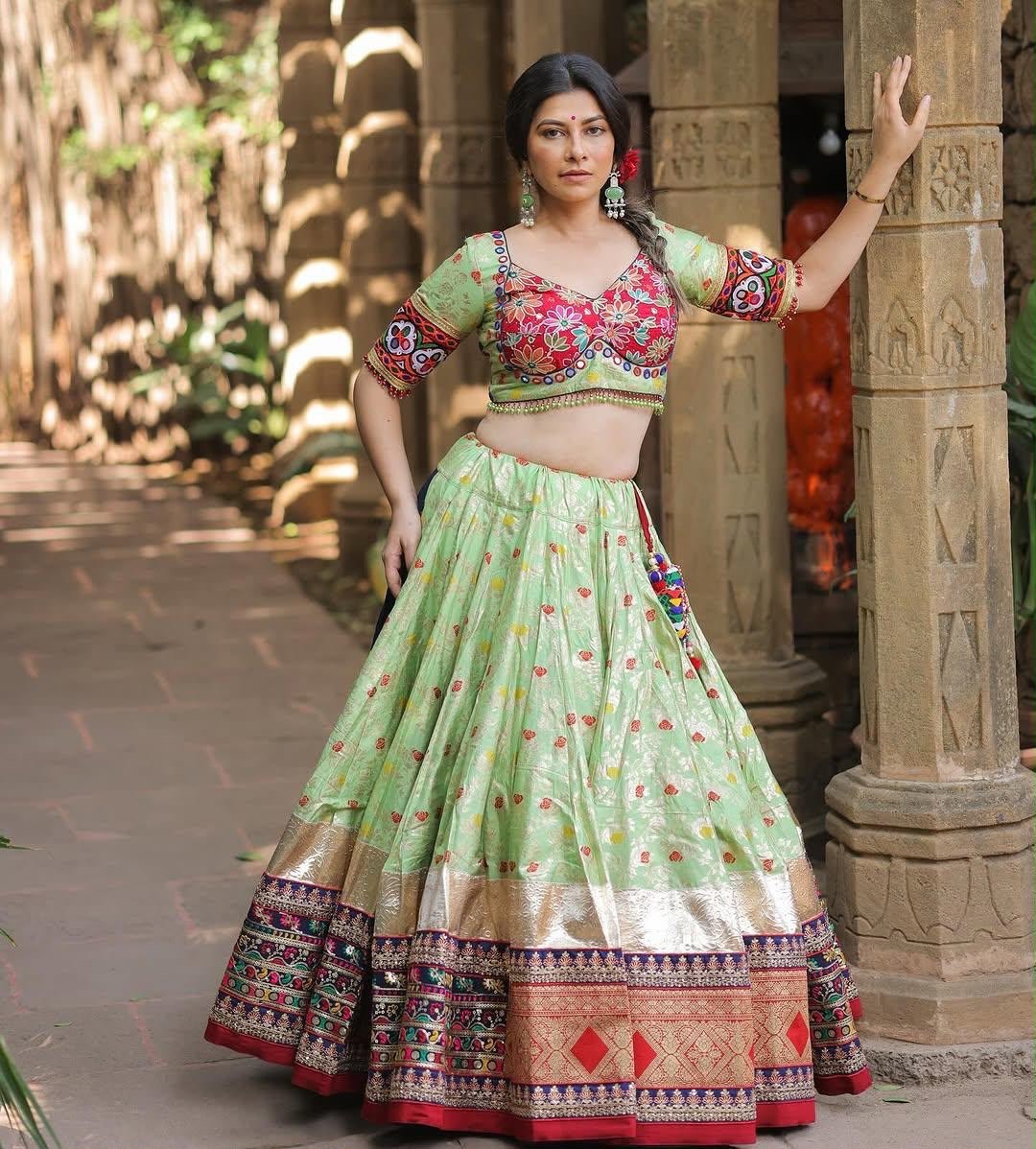 Traditional Gujarati Navratri chaniya choli green red with real mirror hand work for garba
