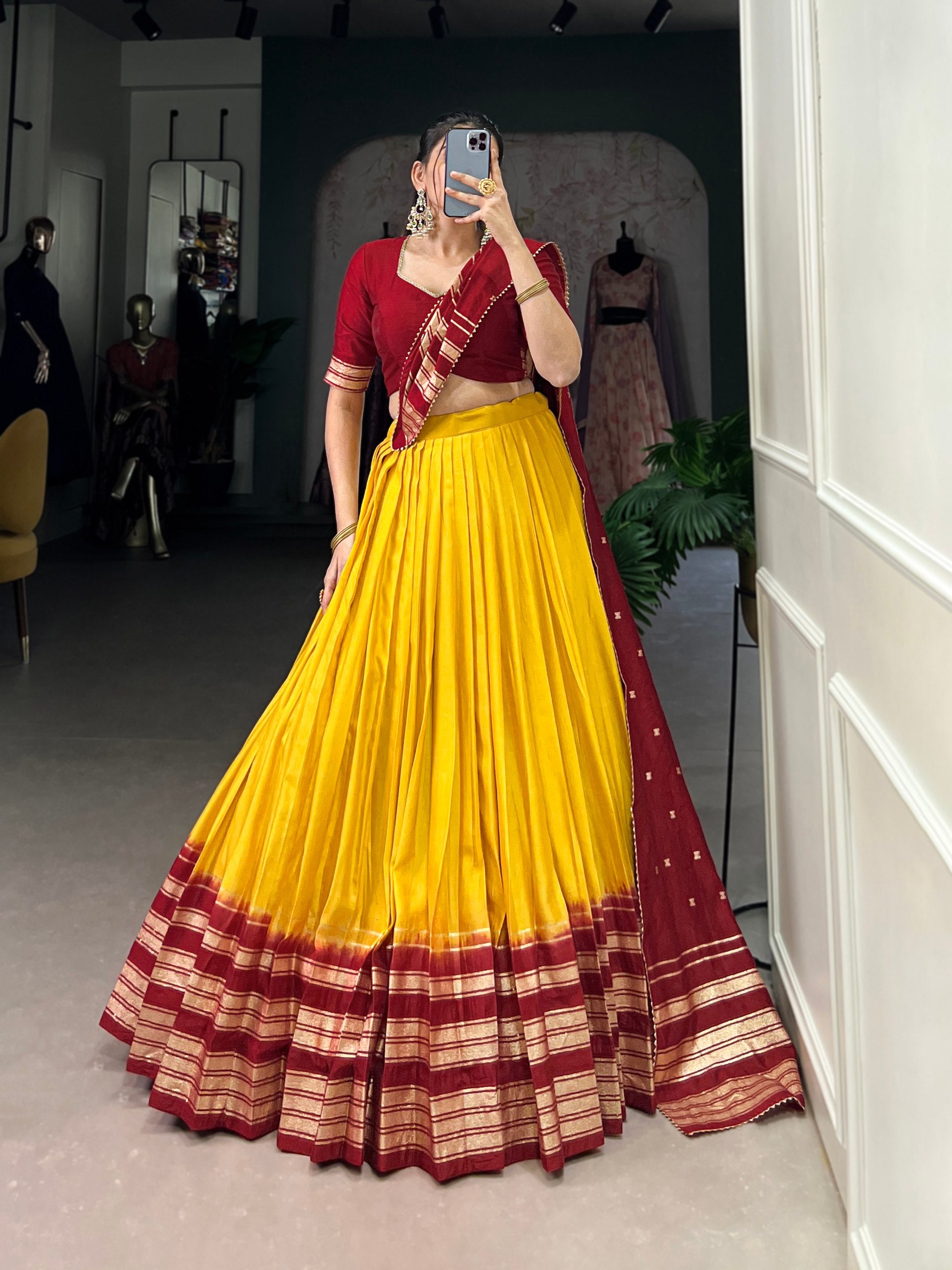 Yellow Pure Chanderi Plain With Zari Weaving Work Border Work Lehenga Choli