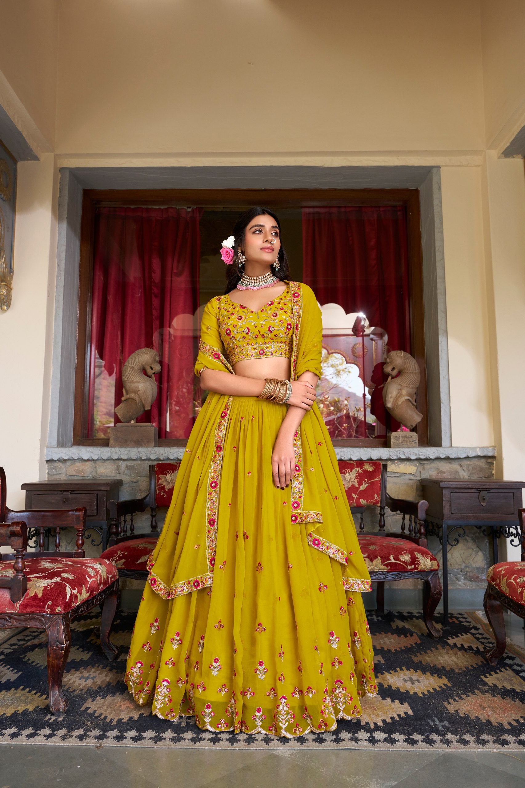 Musterd Georgette Sequins And Thread Embroidery Work Lehenga Choli