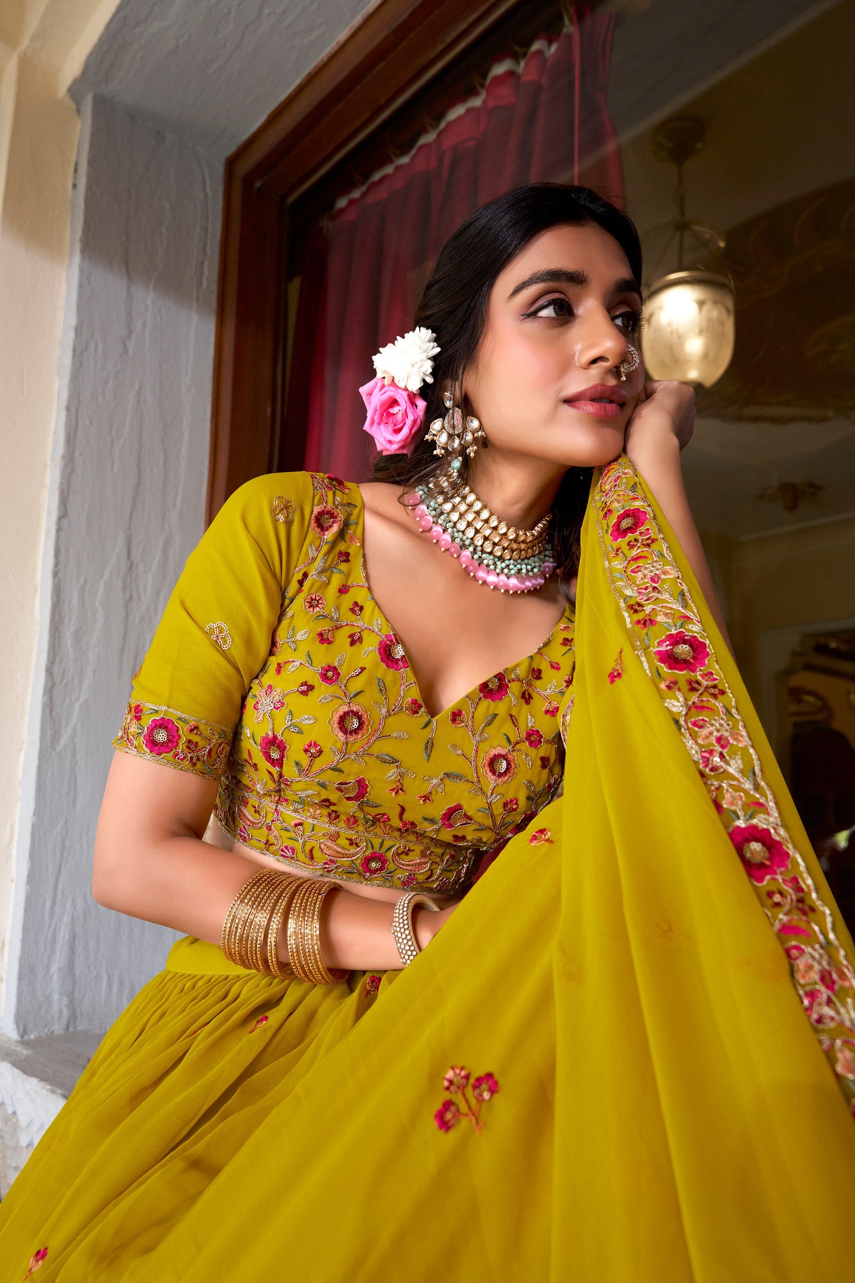 Musterd Georgette Sequins And Thread Embroidery Work Lehenga Choli