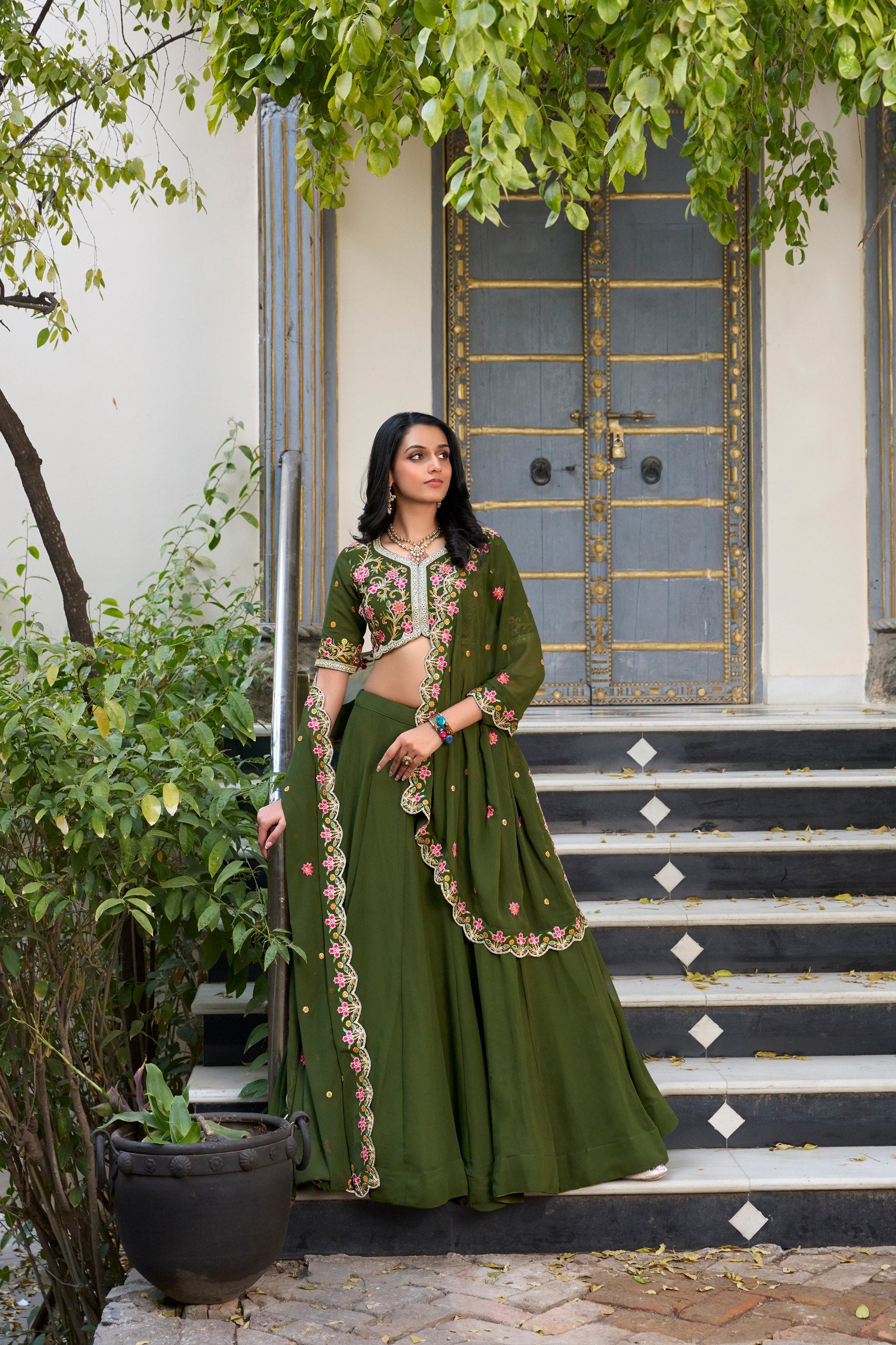 Mehandi Georgette Plain Sequins And Thread Embroidery Work Lehenga Choli