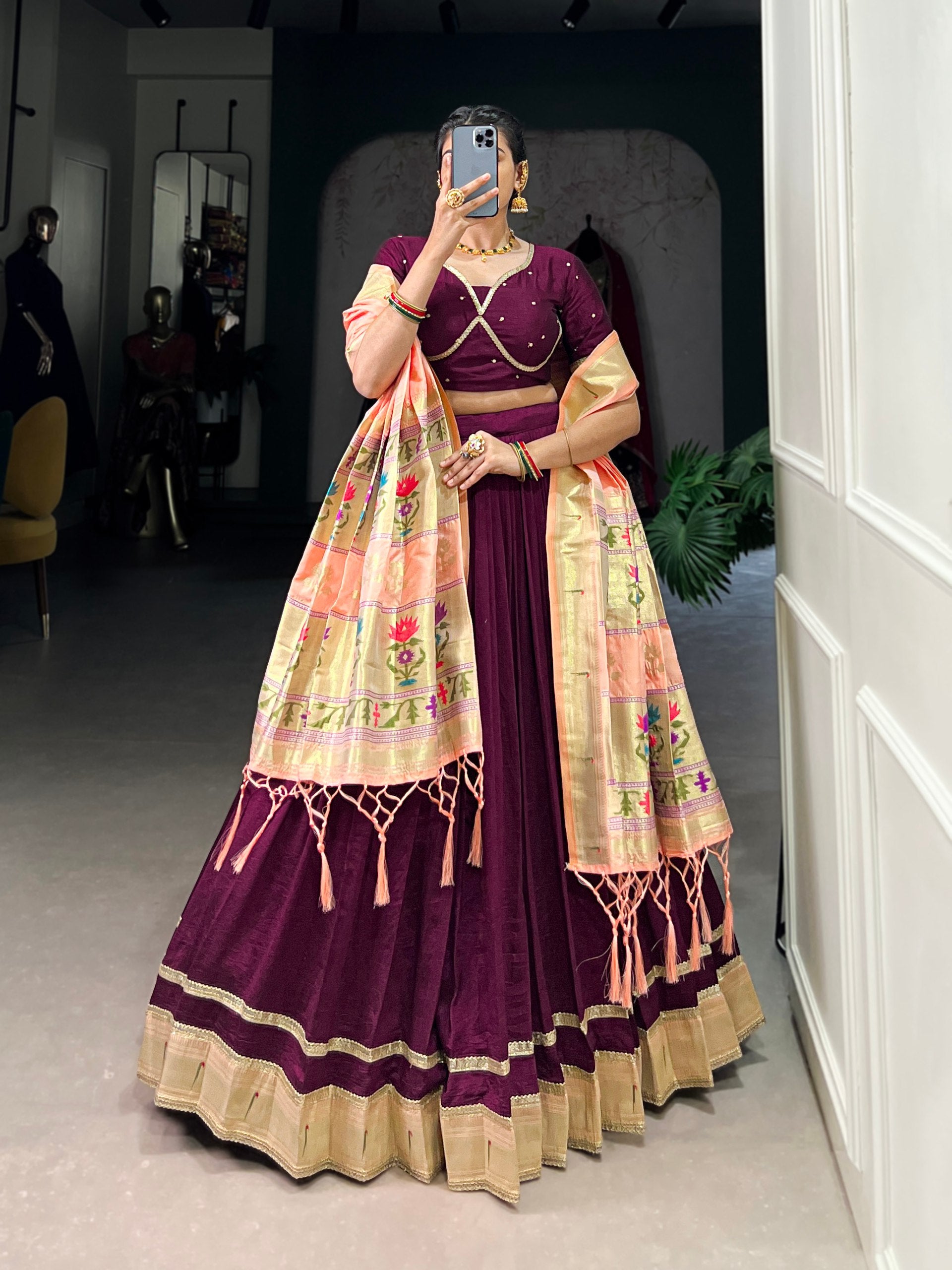 Wine Vichitra Silk Plain With Paithni Lace Border Work Lehenga Choli