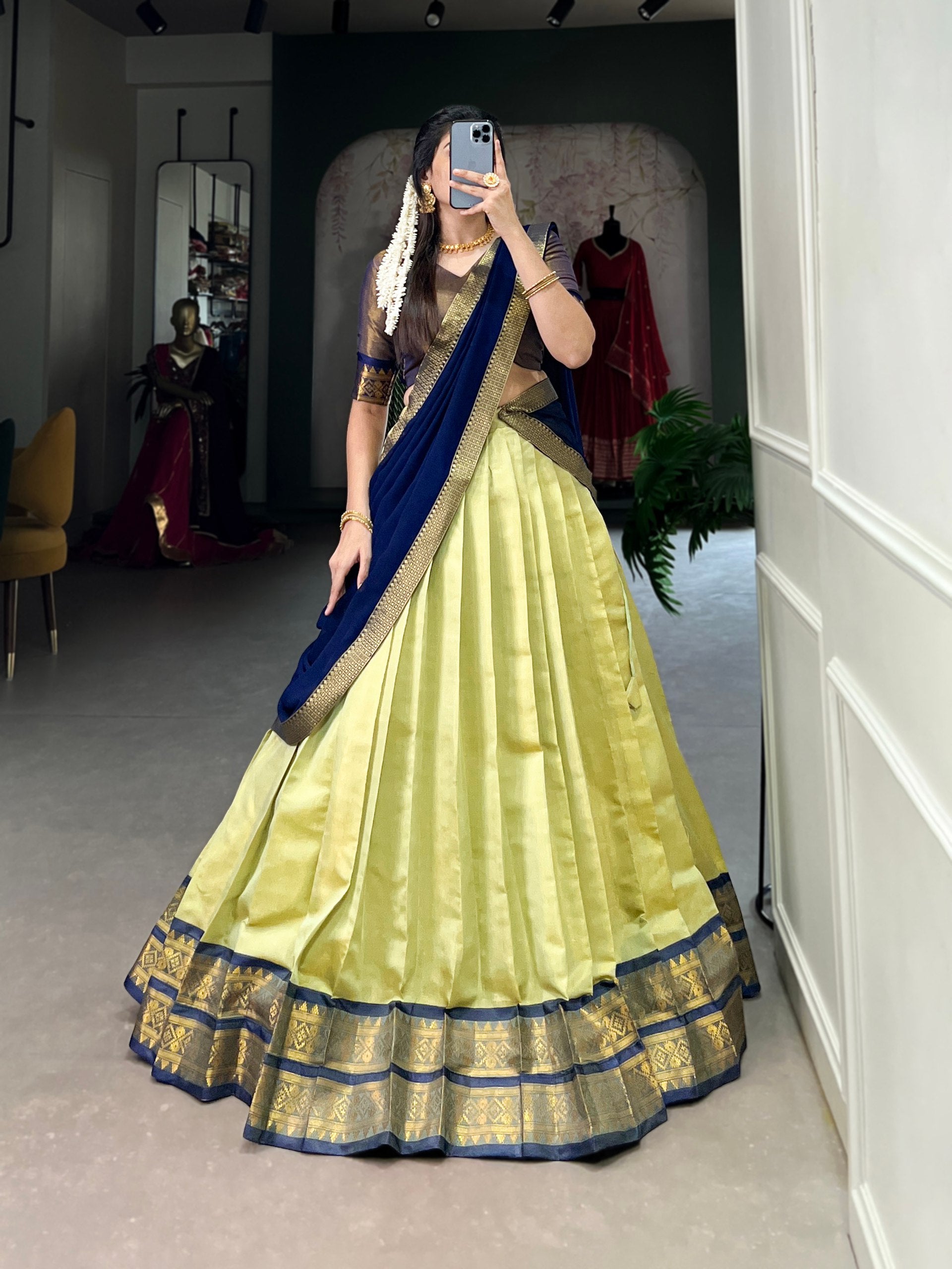 Pista Kanchipuram Zari Weaving Work Lehenga Choli