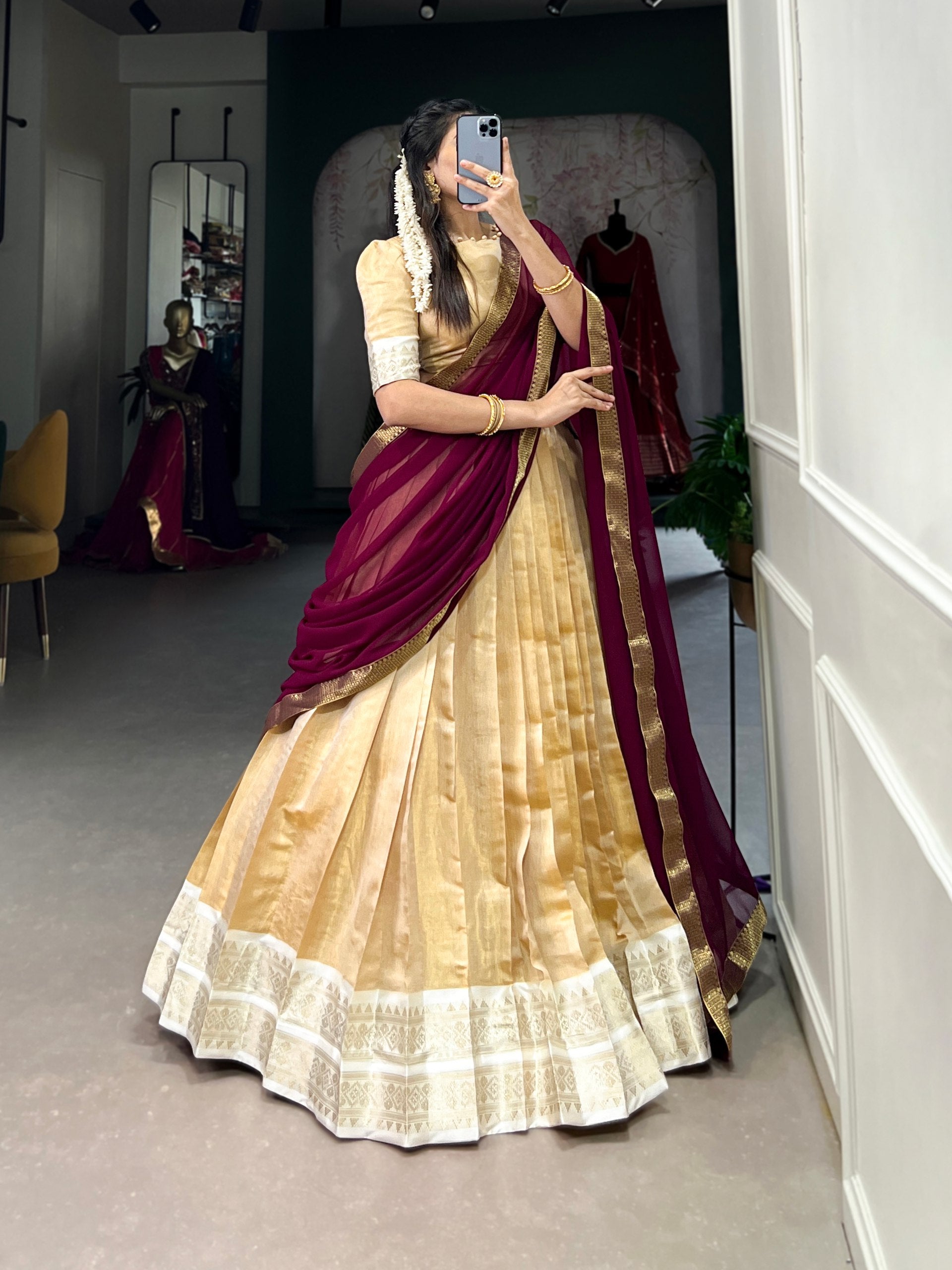 Cream Kanchipuram Zari Weaving Work Lehenga Choli
