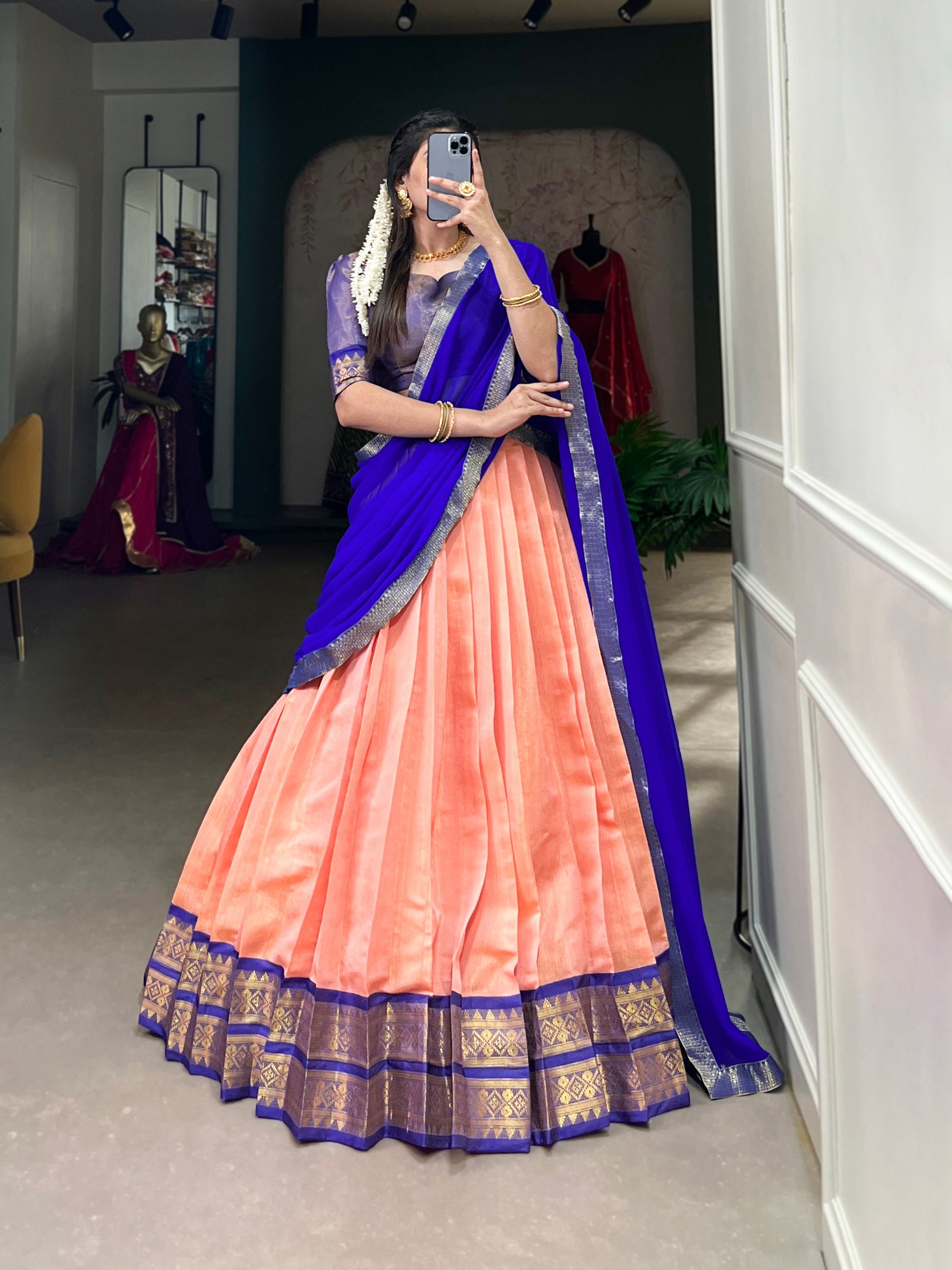 Peach Kanchipuram Zari Weaving Work Lehenga Choli