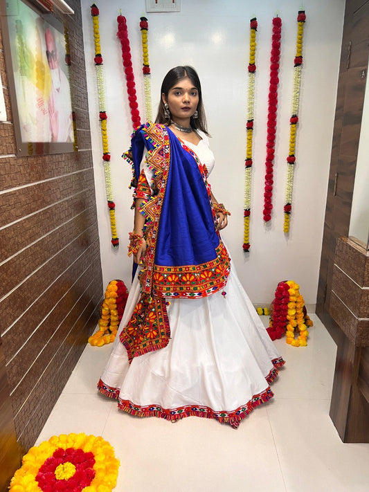 White Blue Rajwadi Cotton Silk Gamthi Work Butta Lace Work Navratri Lehenga Choli