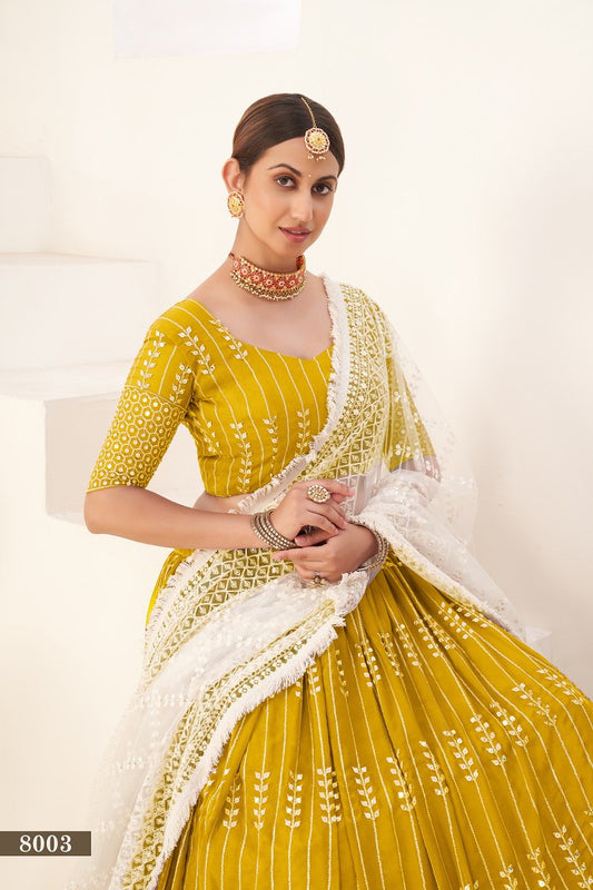 Musterd Georgette Sequins Embroidered Work Wedding Lehenga