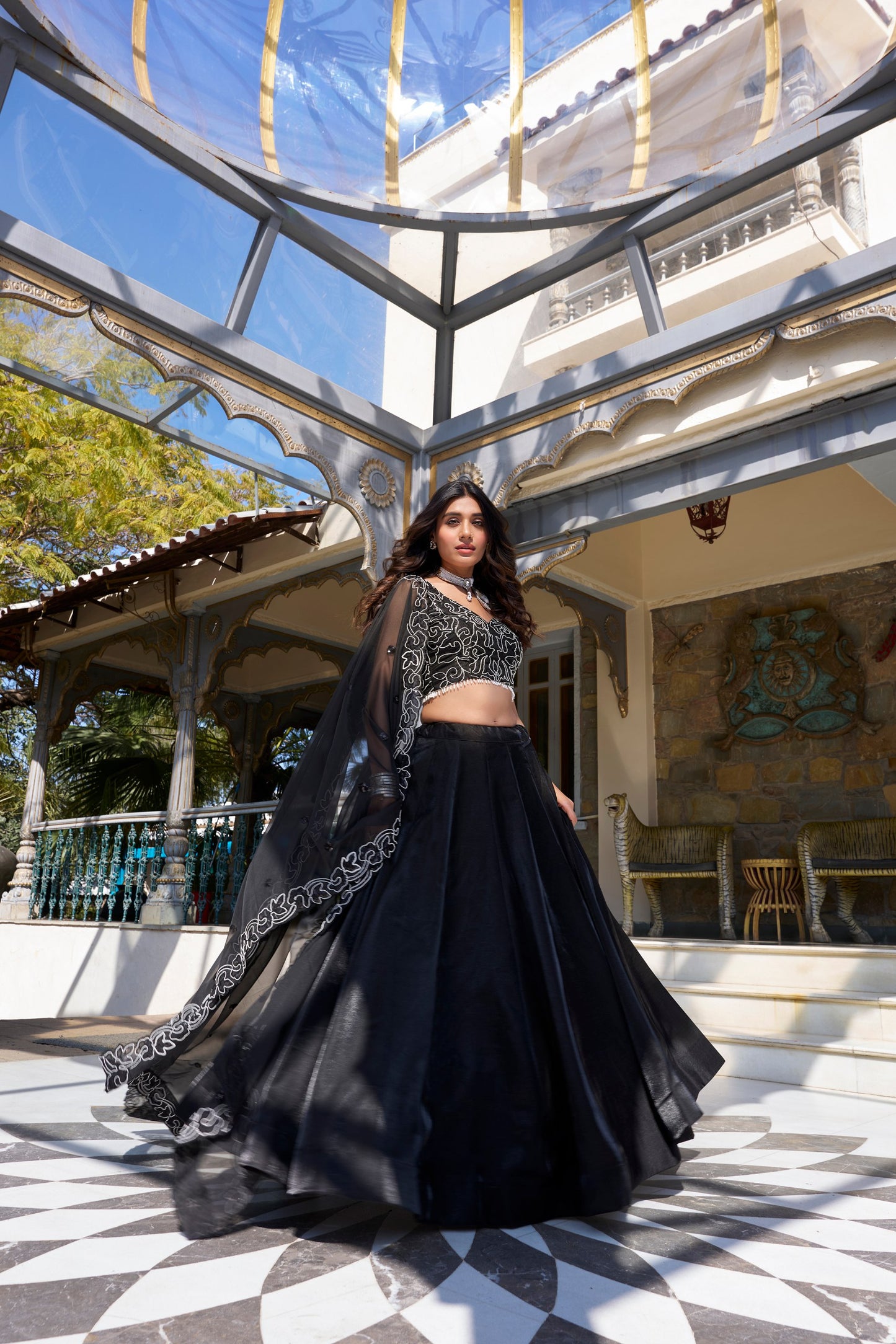 Black Star Satin Plain Sequins Embroidery Work Lehenga Choli