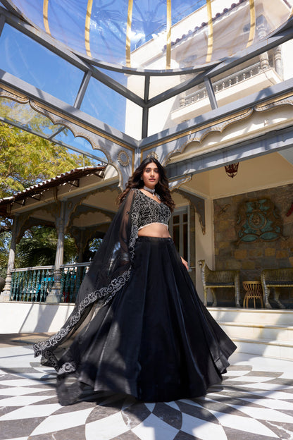 Black Star Satin Plain Sequins Embroidery Work Lehenga Choli