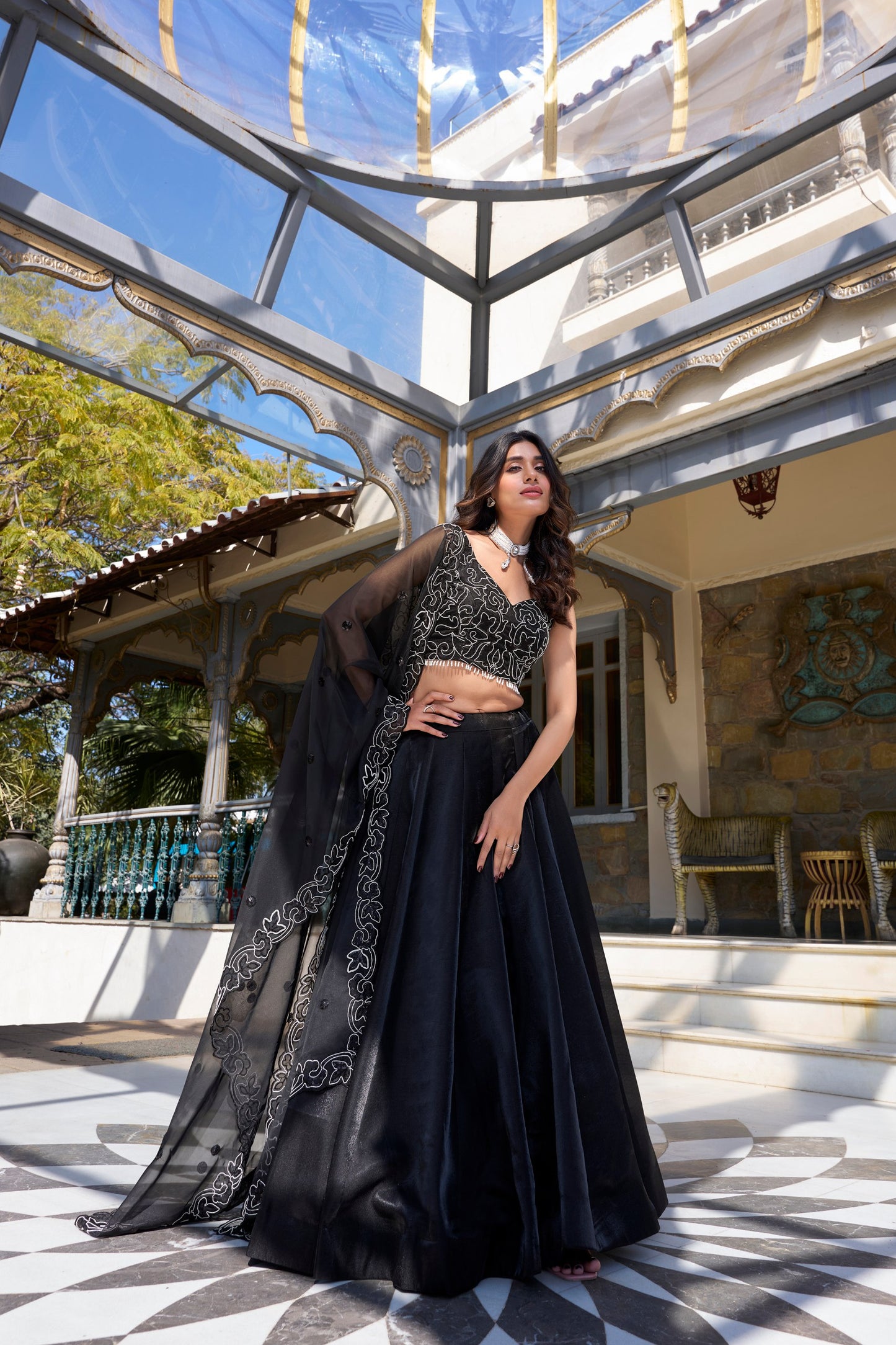 Black Star Satin Plain Sequins Embroidery Work Lehenga Choli