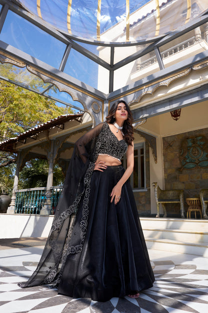 Black Star Satin Plain Sequins Embroidery Work Lehenga Choli