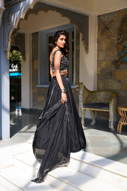 Black Star Satin Plain Sequins Embroidery Work Lehenga Choli