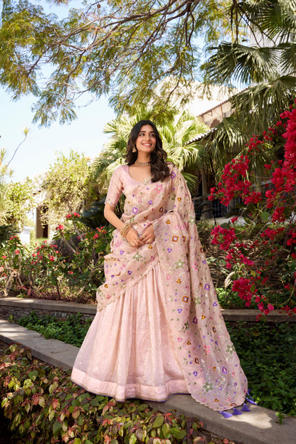 Pink Gold Crush Sequins And Thread Embroidery All Over Butties Work Lehenga Choli