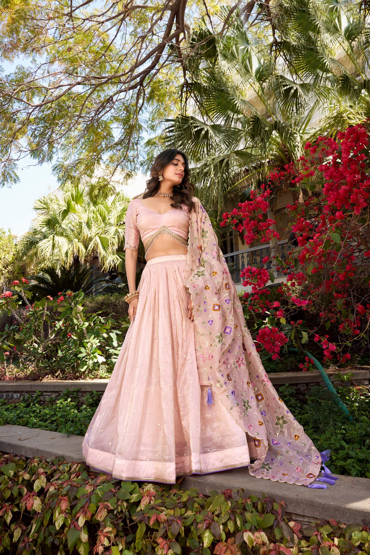 Pink Gold Crush Sequins And Thread Embroidery All Over Butties Work Lehenga Choli