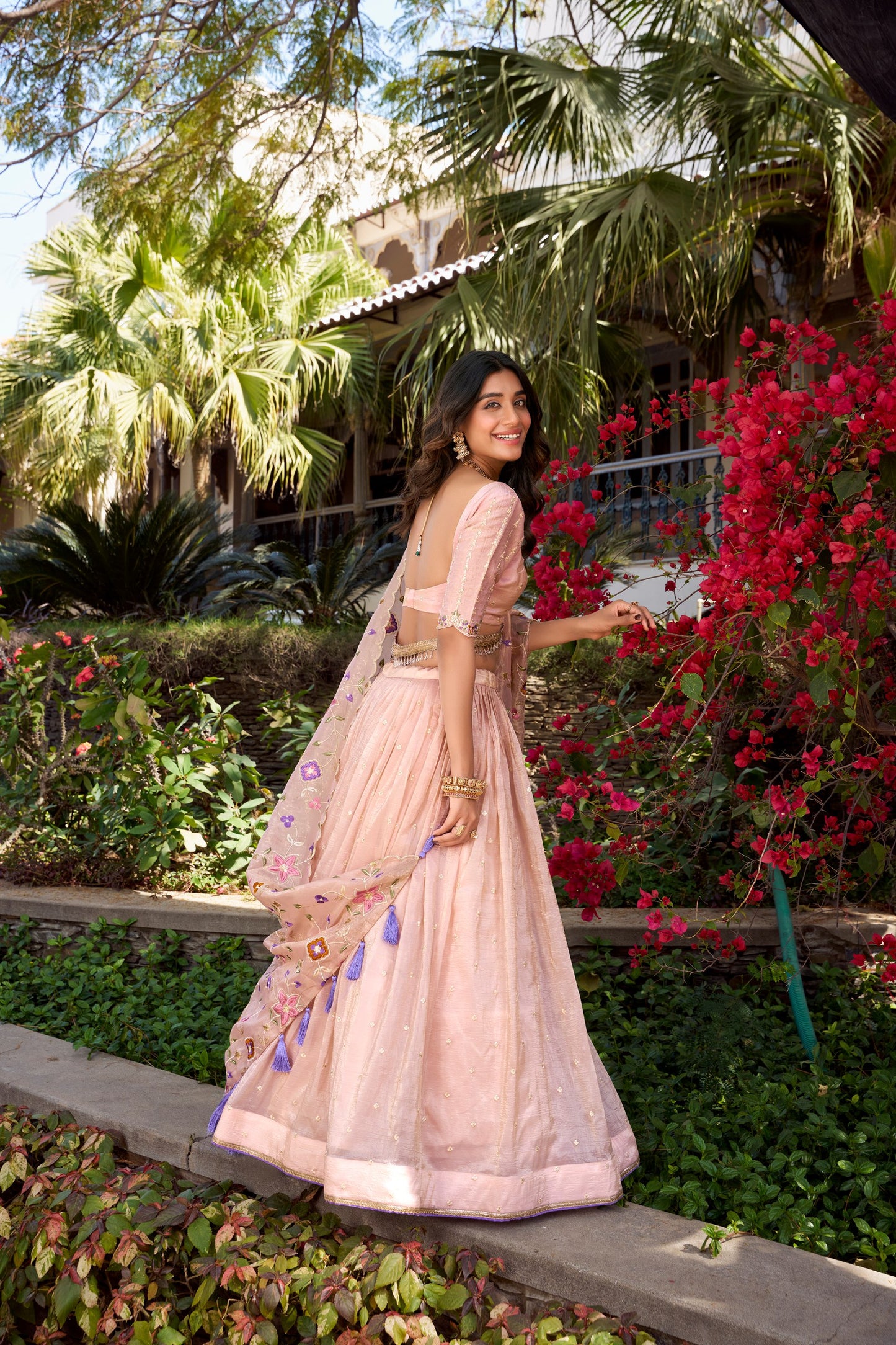 Pink Gold Crush Sequins And Thread Embroidery All Over Butties Work Lehenga Choli