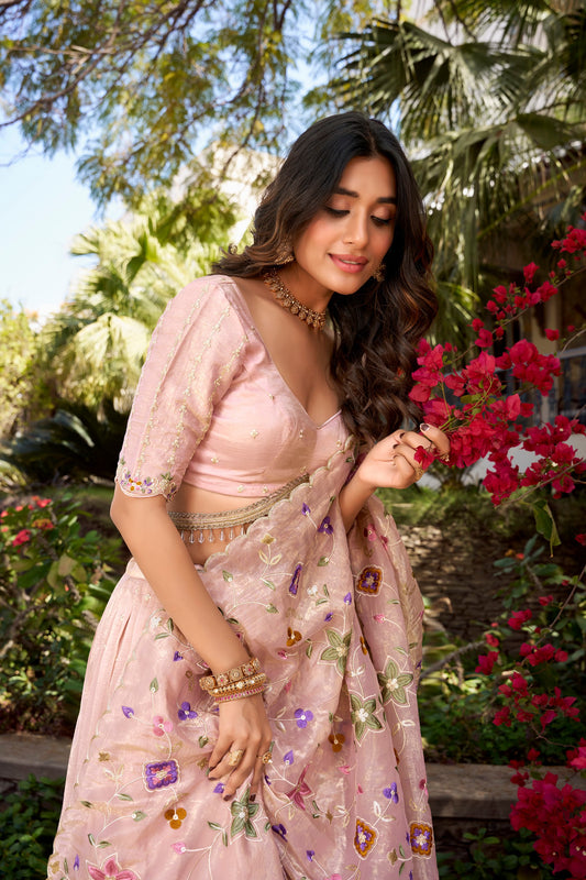 Pink Gold Crush Sequins And Thread Embroidery All Over Butties Work Lehenga Choli