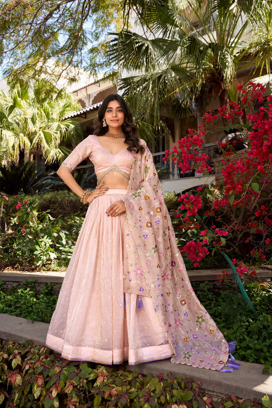 Pink Gold Crush Sequins And Thread Embroidery All Over Butties Work Lehenga Choli