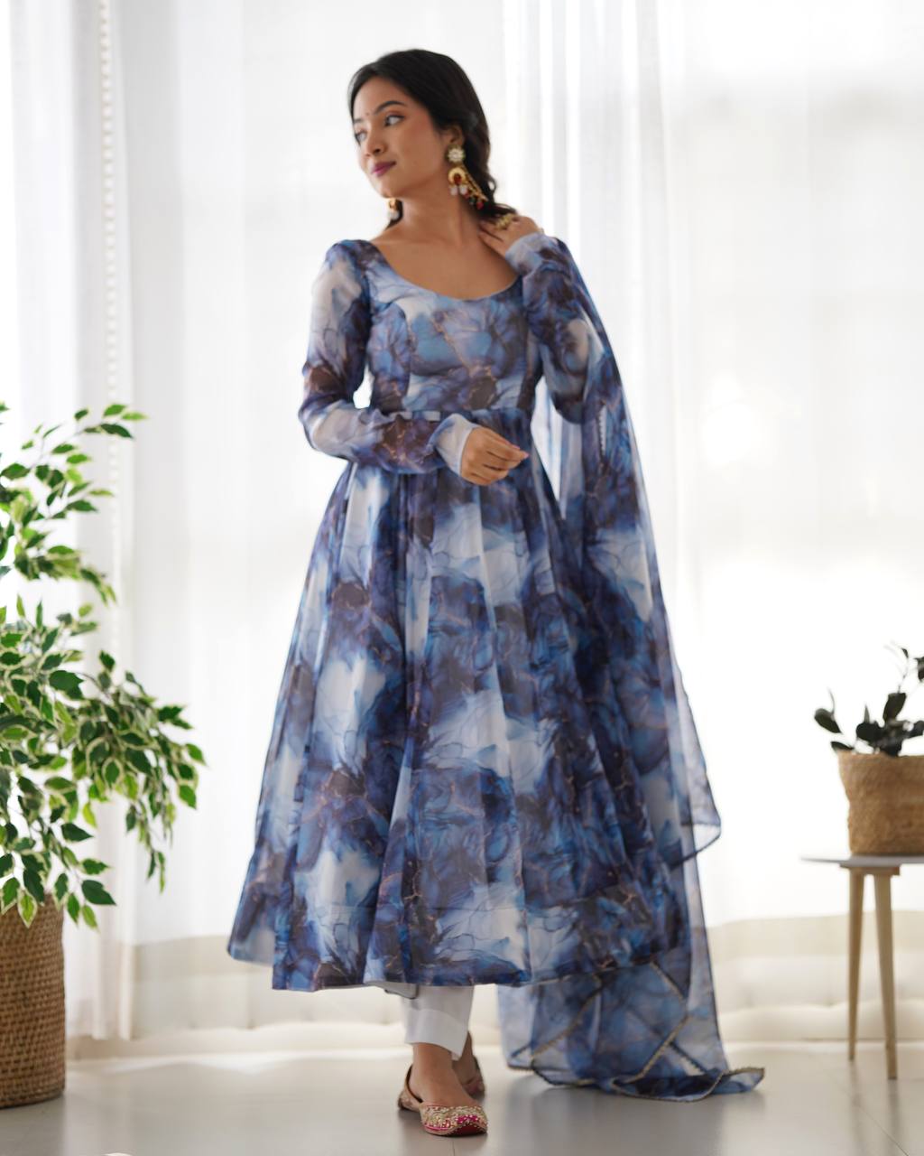 Navy Blue Heavy Pure Soft Organza Silk Marble Print Salwar Suit