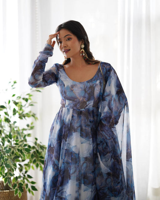 Navy Blue Heavy Pure Soft Organza Silk Marble Print Salwar Suit