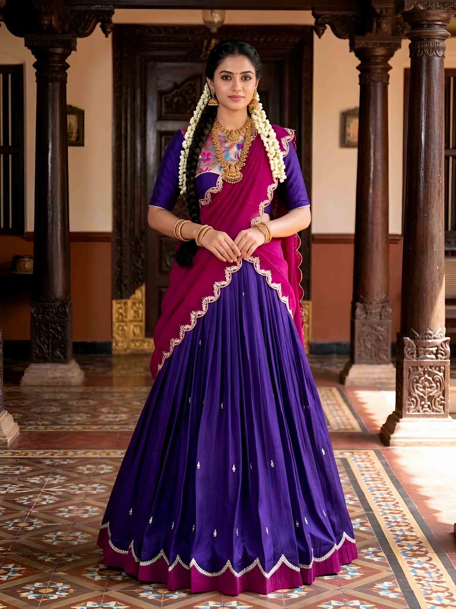 Purple and Rani Pink Naysha Silk Lehenga Choli with Sequins, Thread Embroidery, and Scalloped Lace Border by The Beauty Queen Surat