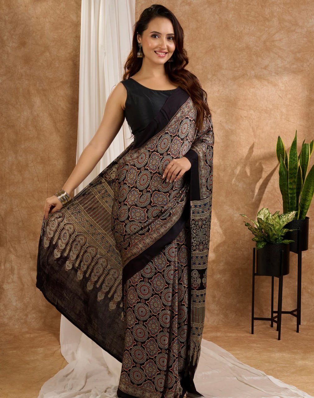 Black Semi Gajji Ajrakh Rich Pallu With Contrast Blouse Saree
