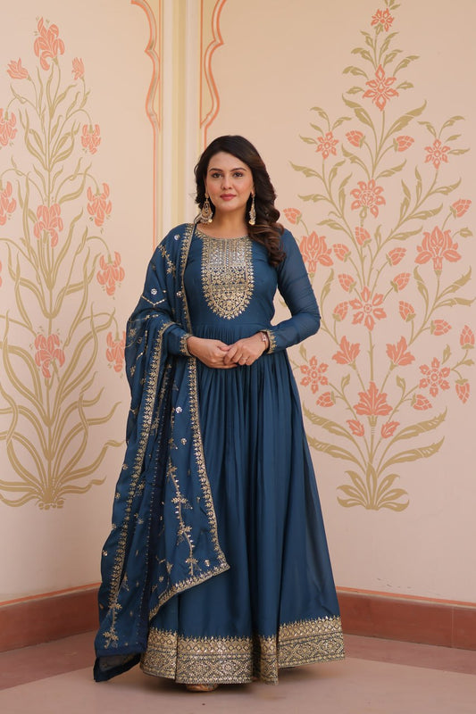 Rama Zari Sequins Embroidered Work Round Neck Gown