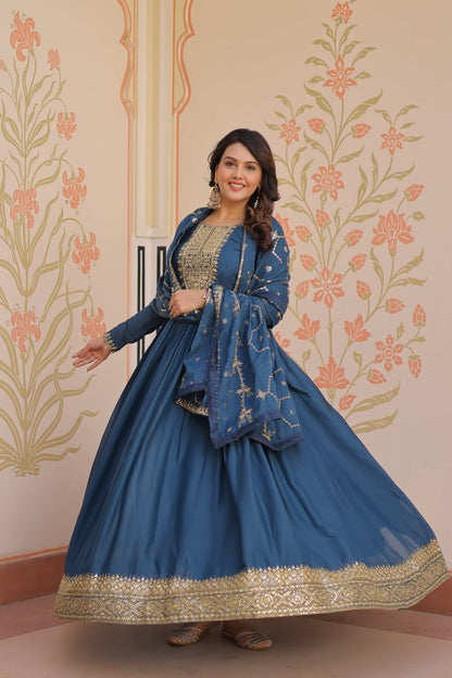 Rama Zari Sequins Embroidered Work Round Neck Gown