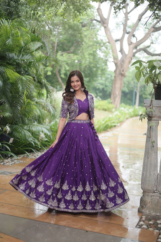 Purple Pure Chinnon With Rich Embroidered Sequins Work Lehenga