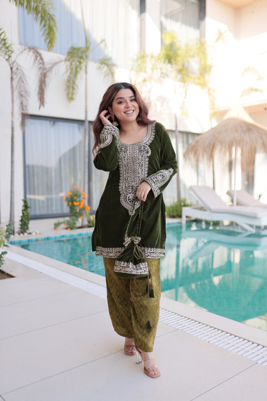Green Velvet With Rich Zari Embroidered And Real Mirror Work Suit