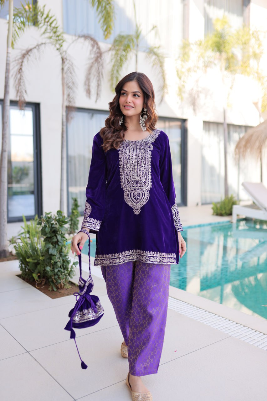 Purple Velvet With Rich Zari Embroidered And Real Mirror Work Suit