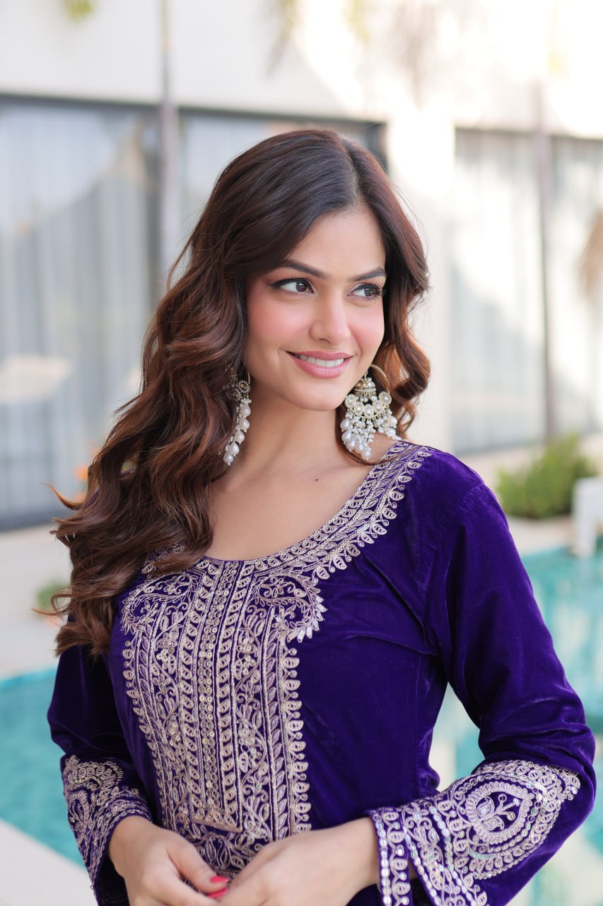 Purple Velvet With Rich Zari Embroidered And Real Mirror Work Suit