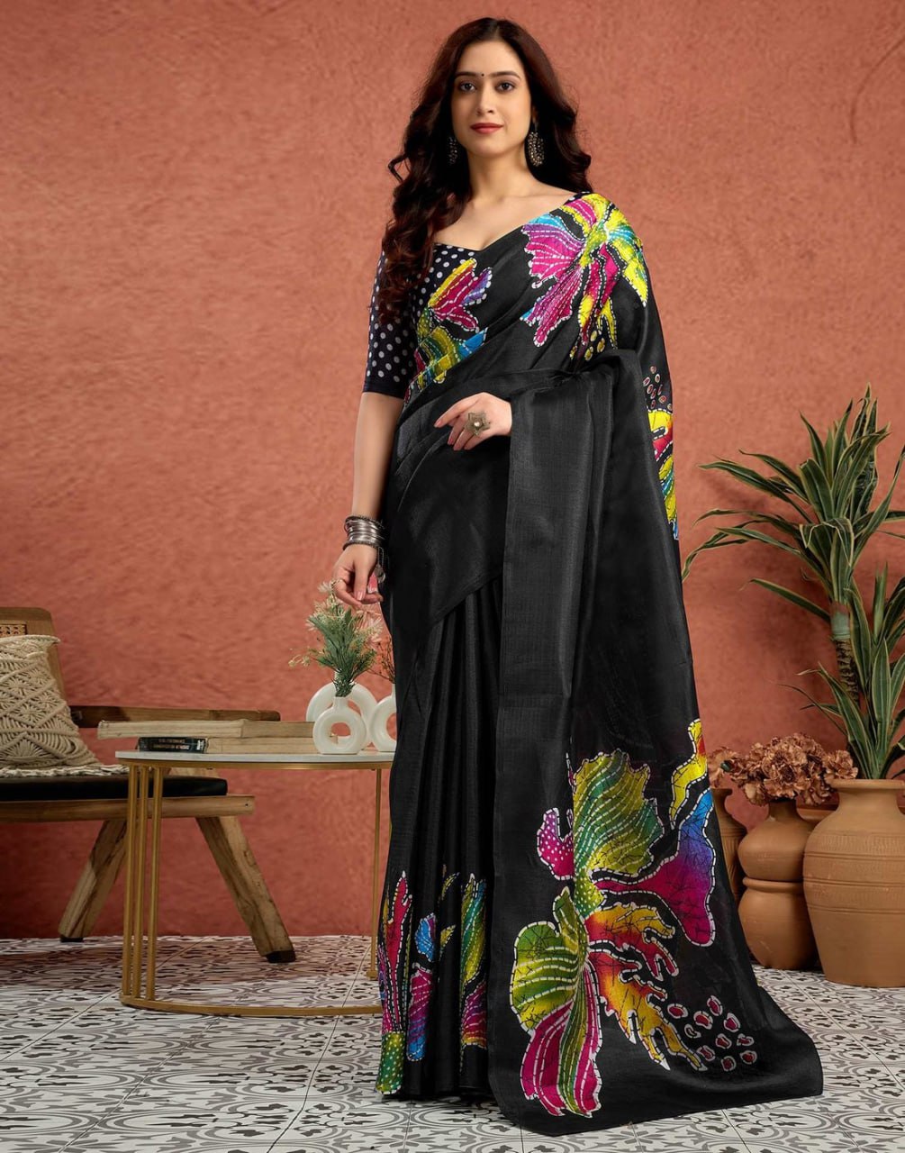 Black Multicolor Semi Gajji Ajrakh Rich Pallu With Contrast Blouse Saree