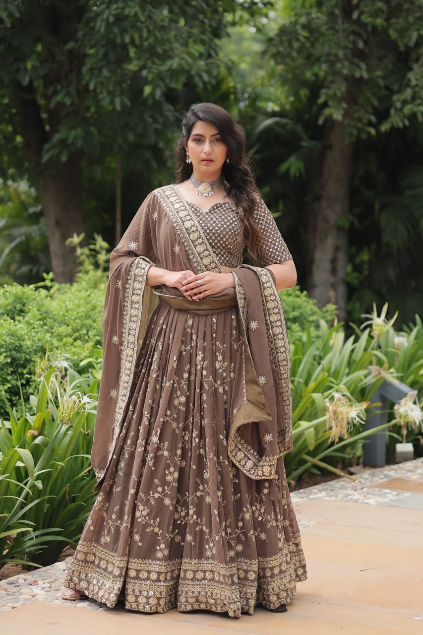 Brown Faux Blooming With Heavy Sequins Thread Embroidered Work Lehenga