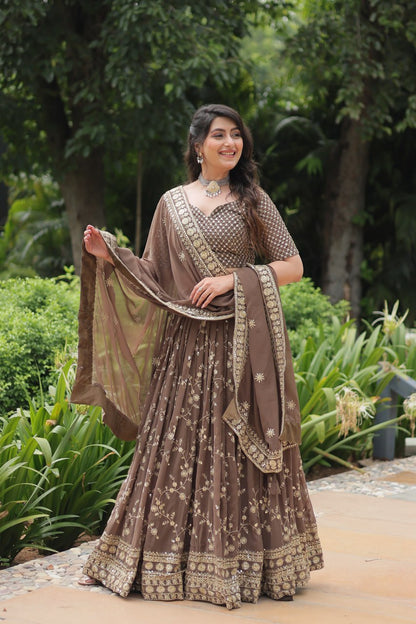 Brown Faux Blooming With Heavy Sequins Thread Embroidered Work Lehenga