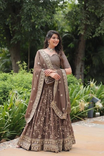 Brown Faux Blooming With Heavy Sequins Thread Embroidered Work Lehenga