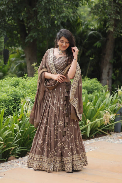 Brown Faux Blooming With Heavy Sequins Thread Embroidered Work Lehenga