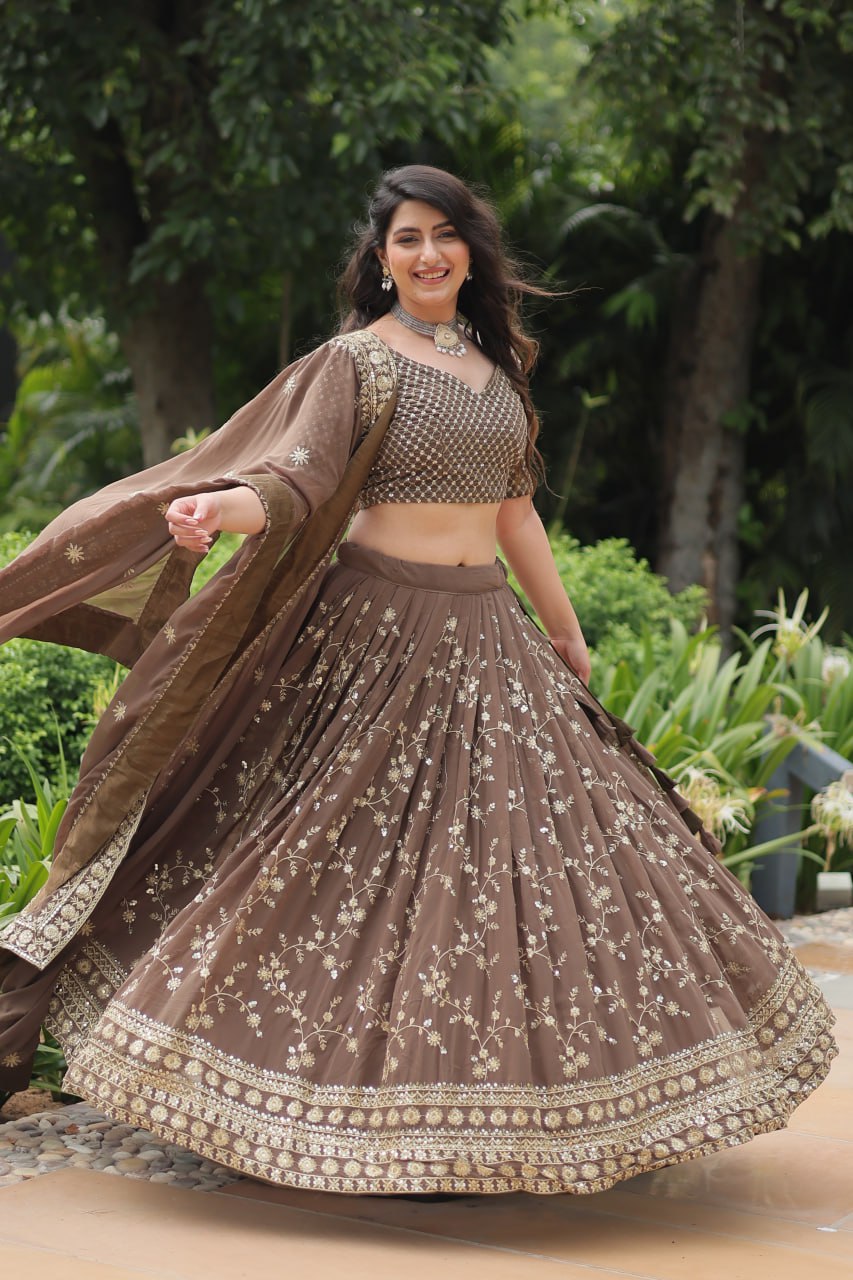 Brown Faux Blooming With Heavy Sequins Thread Embroidered Work Lehenga