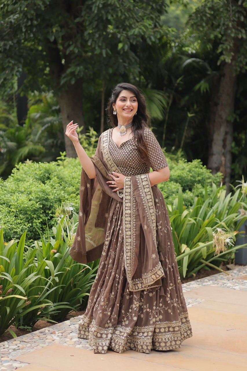 Brown Faux Blooming With Heavy Sequins Thread Embroidered Work Lehenga