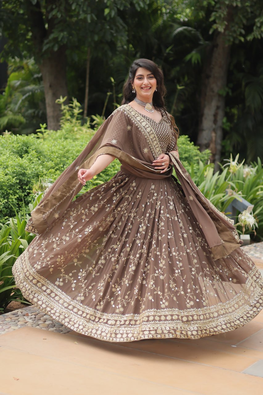 Brown Faux Blooming With Heavy Sequins Thread Embroidered Work Lehenga