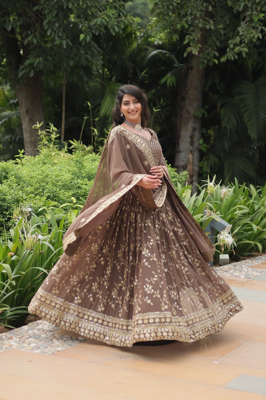 Brown Faux Blooming With Heavy Sequins Thread Embroidered Work Lehenga