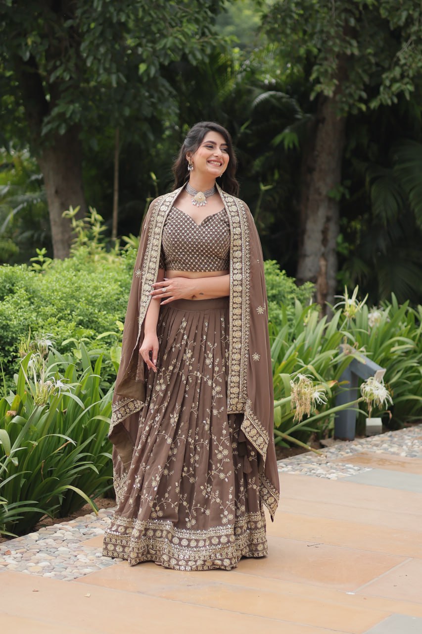 Brown Faux Blooming With Heavy Sequins Thread Embroidered Work Lehenga