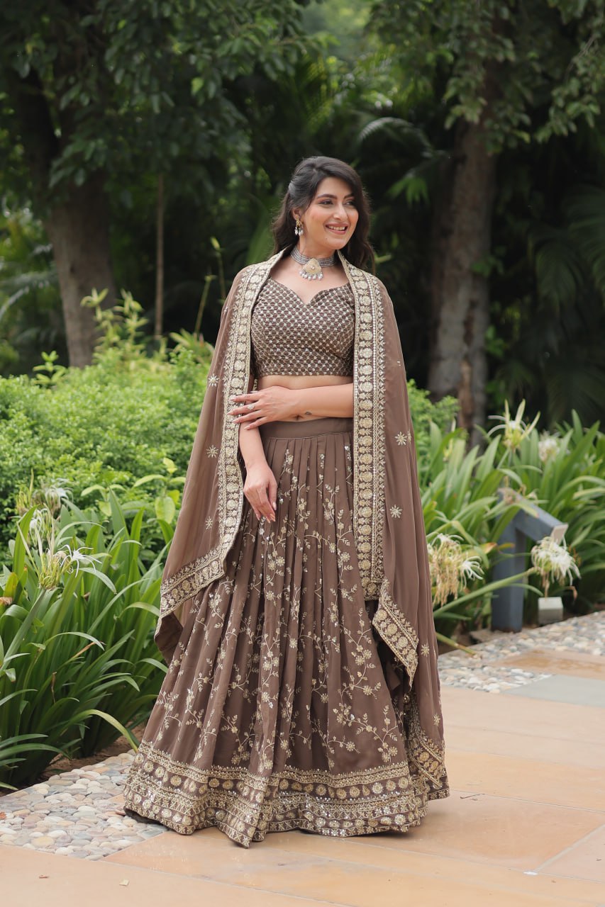 Brown Faux Blooming With Heavy Sequins Thread Embroidered Work Lehenga