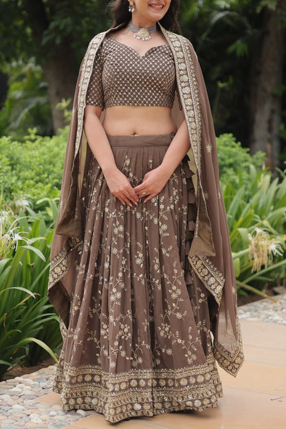 Brown Faux Blooming With Heavy Sequins Thread Embroidered Work Lehenga