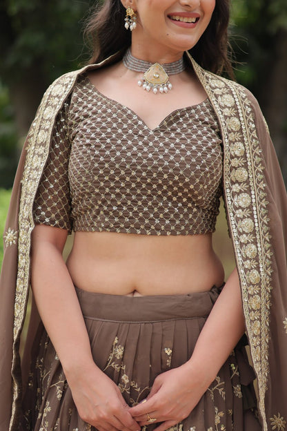 Brown Faux Blooming With Heavy Sequins Thread Embroidered Work Lehenga