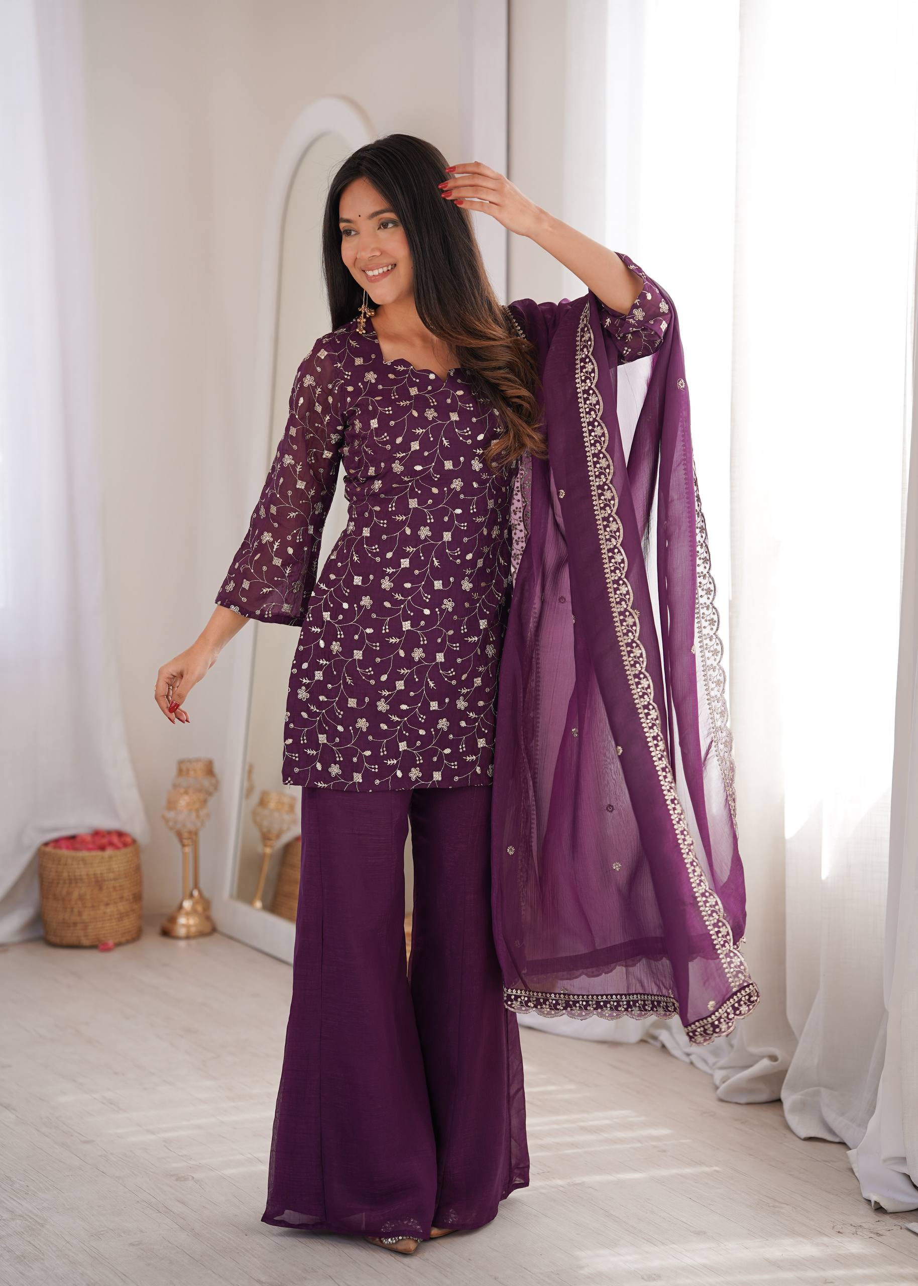 embroidered scallop border dupatta for wine purple sharara set