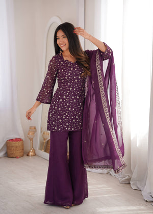 embroidered scallop border dupatta for wine purple sharara set