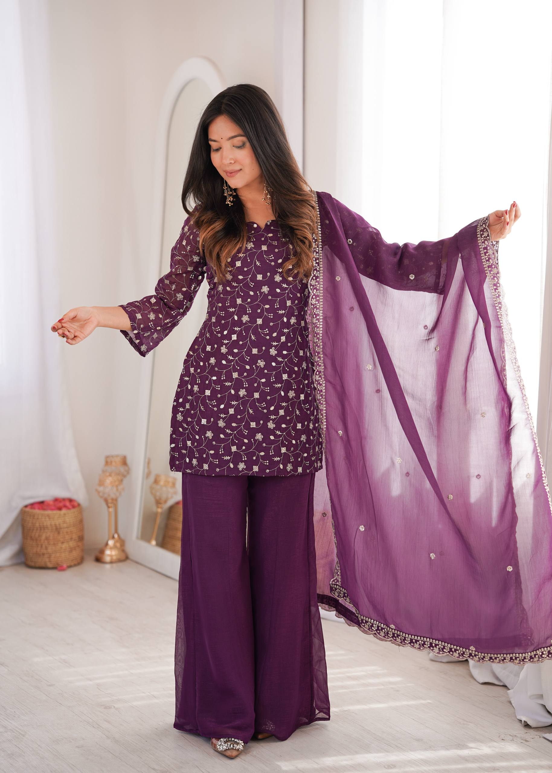 wine purple crunchy silk sharara palazzo set with embroidered dupatta 