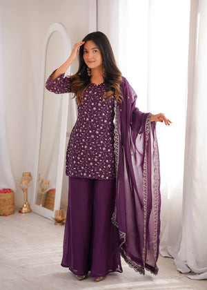 wine purple crunchy silk sharara set with jari embroidery - The Beauty Queen